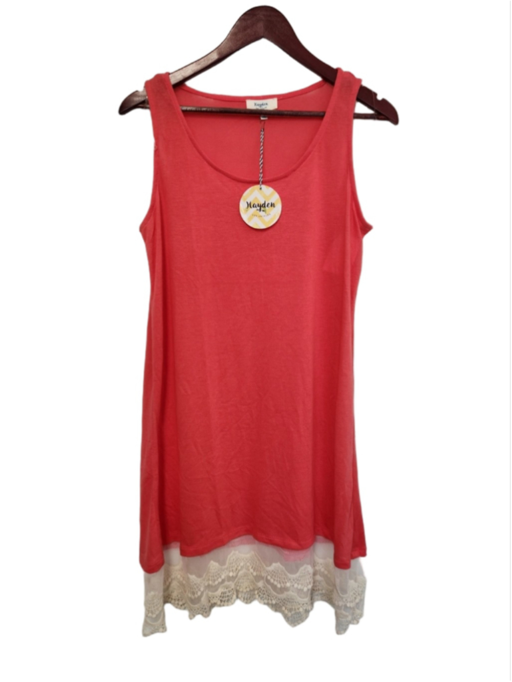 Hayden Sleeveless Knit Dress Coral with a Beige Lace Hem